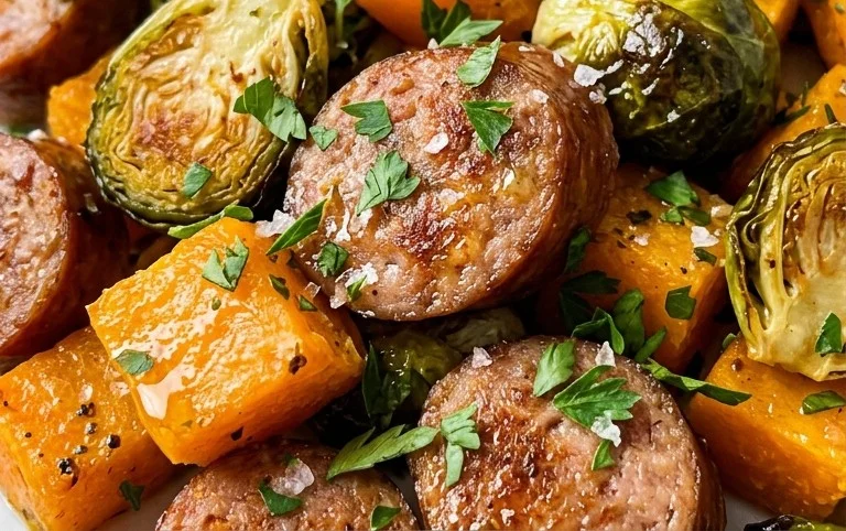 Autumn Sausage Dinner with Roasted Veggies (Butternut Squash and Brussels Sprouts)