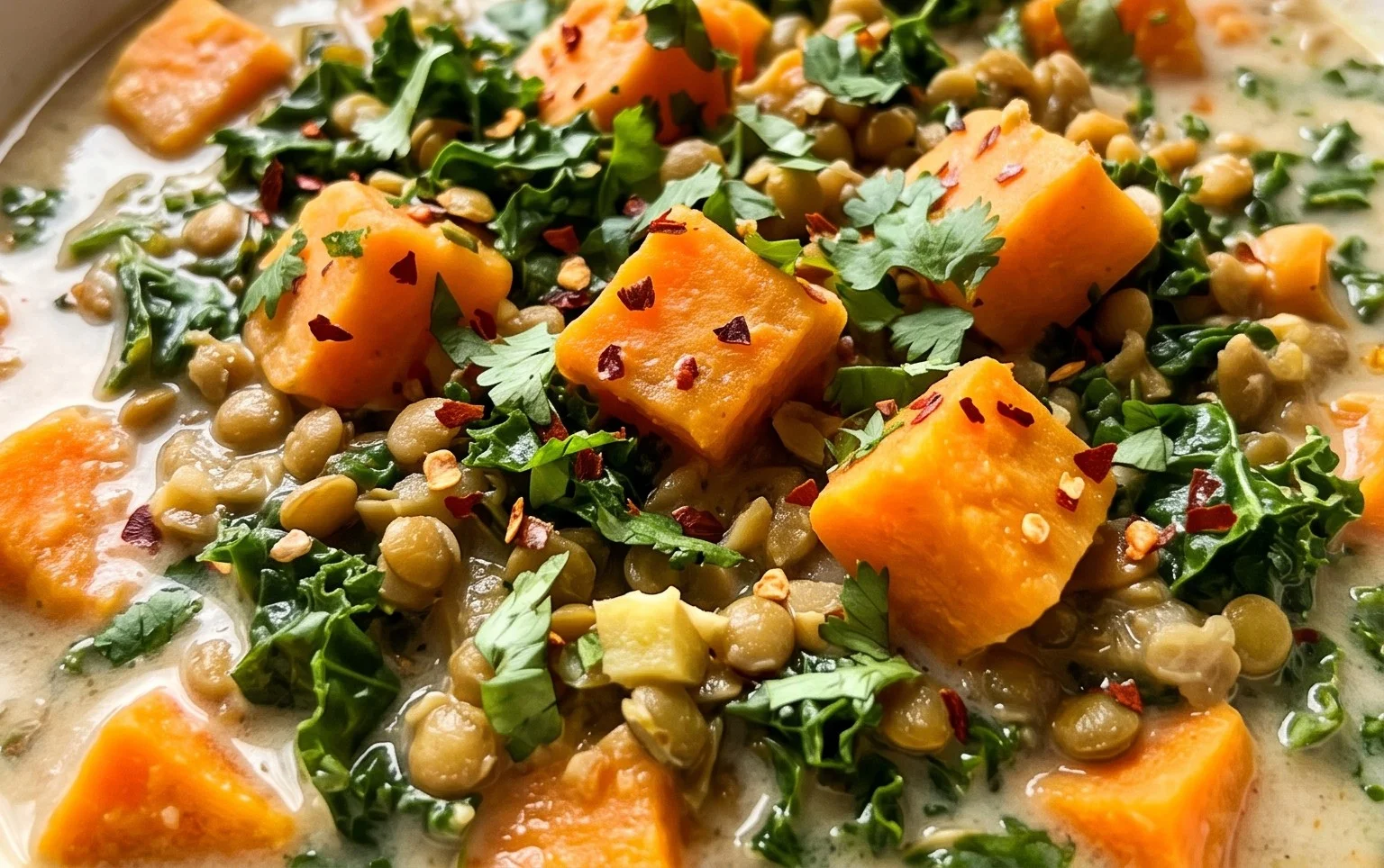 Ginger Sweet Potato and Coconut Milk Stew with Lentils and Kale