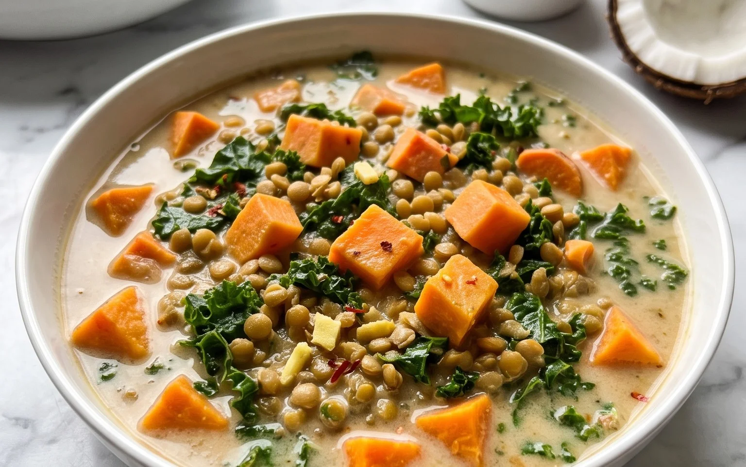 Ginger Sweet Potato Lentil Kale Coconut Stew